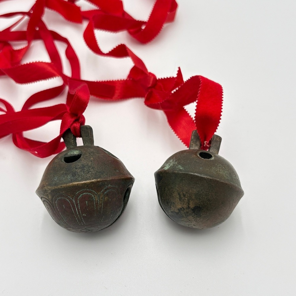 Antique Bronze Crotal Sleigh Bells Pair Number 6 Etched Petal Red Silk Ribbon